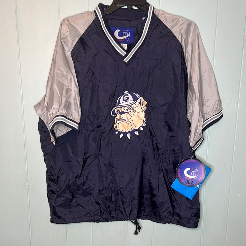 Gray and Blue Sports Jersey with V-Neck and Emblem